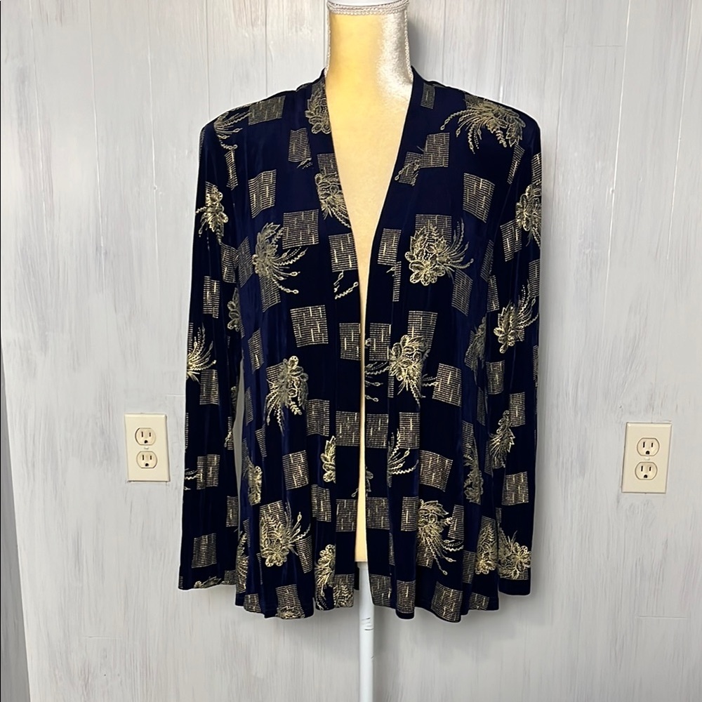 R&M Richards by‎ Karen Kwong Navy Slinky Traveler Knit Jacket Gold Print Size 12